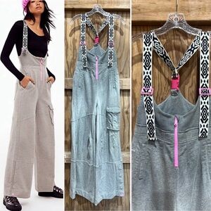 Free People Movement Twin Tipped Slopette Overalls Gray Pink Aztec Suspenders XS